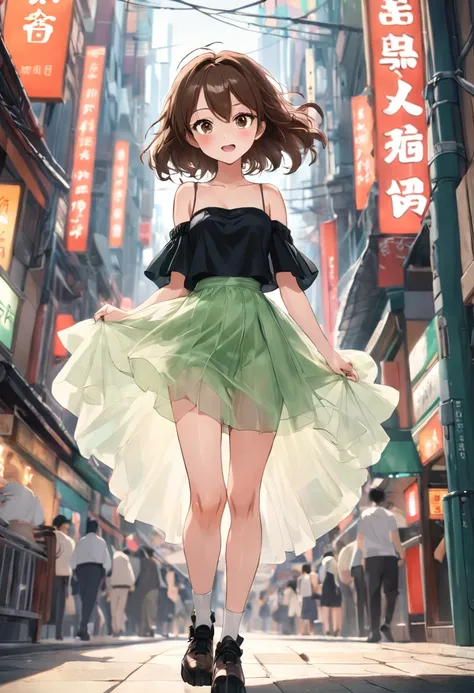 Delicate brown hair，Slender woman、A slight smil、Green tube top、Light cream tulle skirt。Black booties、Shoulder bag、Walk straight、Super Detail，Anatomically correct、Ray traching，细致背景、