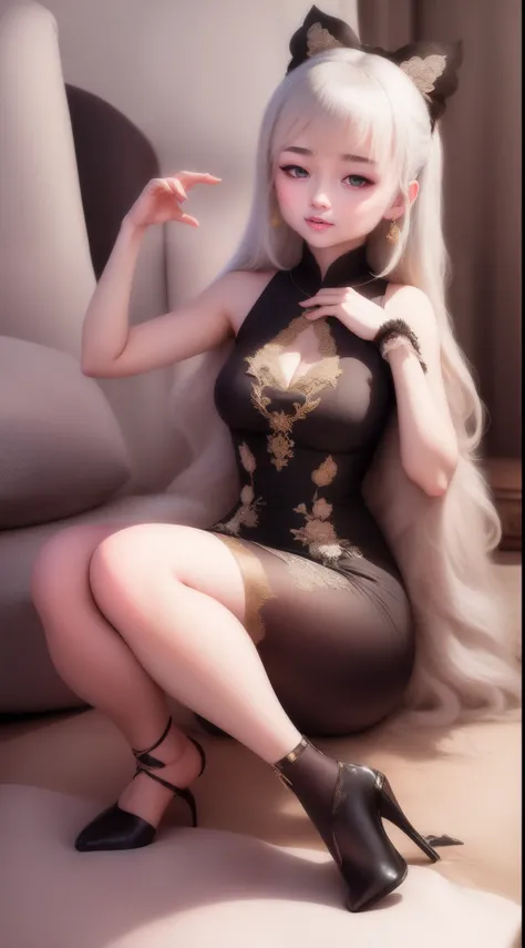 (1 girl), ray tracing, (dim lighting), [detailed background (bedroom), (silver hair), (silver hair) (shaggy silver hair, plump and slim girl) (with high ponytail) alone in the bedroom, blonde eyes (girl wearing intricately embroidered black high-waisted pa...