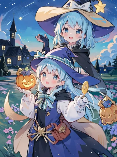 ((masterpiece:1.2, best quality)), 1girl, solo, (witch hat), a close up of a girl with curly hair, dress, aurora, night, star (sky), gloves, sky, dress, night sky, open mouth, starry sky, light blue eyes, ribbons, smile, cape, blue hair, magic, casting spe...