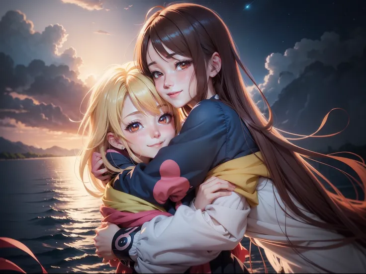 Anime characters hugging and smiling in manga, In anime style, lovely art style, Anime art style, in an anime style, High Quality Anime Art Style, anime art style, subtle anime style, anime realism style, Cute anime style, Realistic anime art style, High-q...