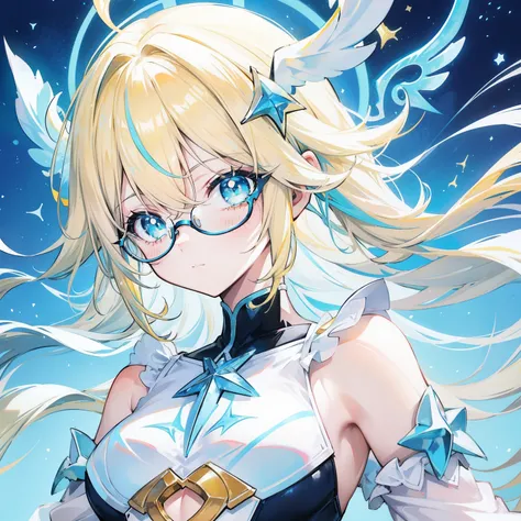 light blues，Yellow hair，Fluorescent milky white，Blue-pink pupils，Black thick-rimmed glasses，Yellow, Blue and white clothes，Super nice looking, Particularly sweet and cute female Aquaman，Light of faith