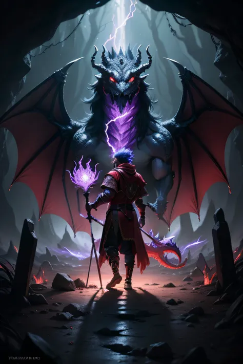 Imagem de um assistente, velho, vestindo um manto roxo, and holding a staff in his right hand, Looking at and facing a great red dragon with glowing eyes, dentro de uma caverna escura. estilo de pintura, Tibia estilo Wallpapers.