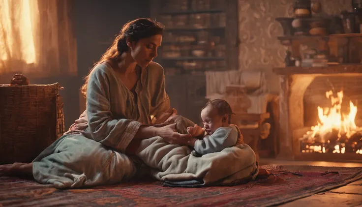 a woman in Israeli clothing in a scene of giving birth to a baby