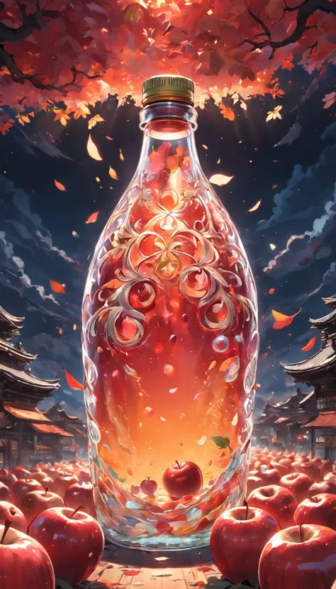 High quality, 8K Ultra HD, A visually complex depiction of a series of apple bottles, Each bottle contains another smaller bottle, In each bottle, Have a full apple resting gracefully. This arrangement creates the fascinating illusion of nested apple bottl...