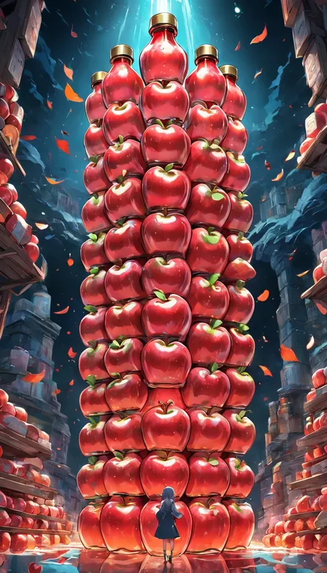 High quality, 8K Ultra HD, A visually complex depiction of a series of apple bottles, Each bottle contains another smaller bottle, In each bottle, Have a full apple resting gracefully. This arrangement creates the fascinating illusion of nested apple bottl...