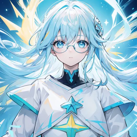 light blues，Yellow hair，Fluorescent milky white，Blue-pink pupils，Black thick-rimmed glasses，Yellow, Blue and white clothes，Super nice looking, Particularly sweet and cute female Aquaman，Light of faith