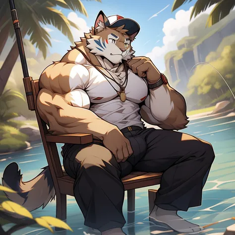 catss，male people，anthropomorphic cat，Sanhua cat，large pecs，Well-developed muscles，（Shirtless），Huge crotch bulge，Sit in a small chair，（Fishing），（shorter pants），a fishermans hat，With a dull expression，Bored expression，Almost asleep，Long tail，high detal，High...