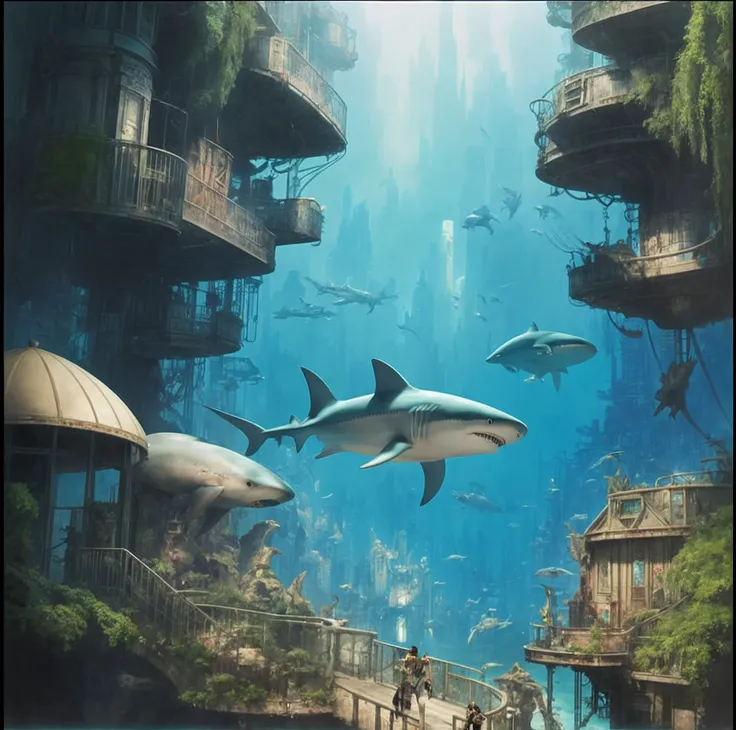 There are many sharks swimming in the water near a building, underwater city, an underwater city, City of Atlantis, City of Atlantis, A cidade de Atlantis, futuristic underwater metropolis, lost city of atlantis, arte de fantasia urbana estilizada, Cyberpu...