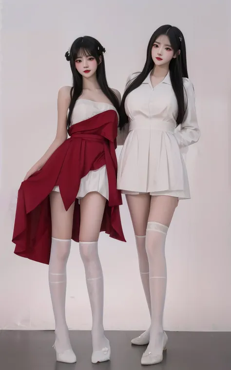 Two women in white dresses and red stockings pose for a photo, inspired by Wang Duo, white and red dresses, nixeu and sakimichan, red velvet, full-body xianxia, shaxi, two models in the frame, concept photoset, trending on cgstation, high - end fashion pho...