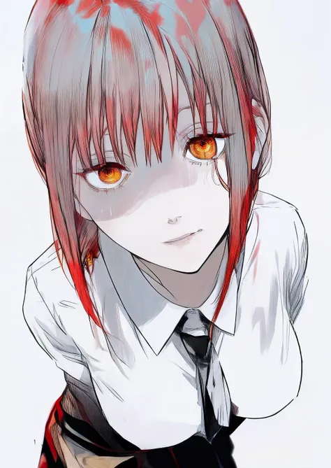 makima , red hair, golden eyes , white dress , black tie, chainsaw man , looking at viewer