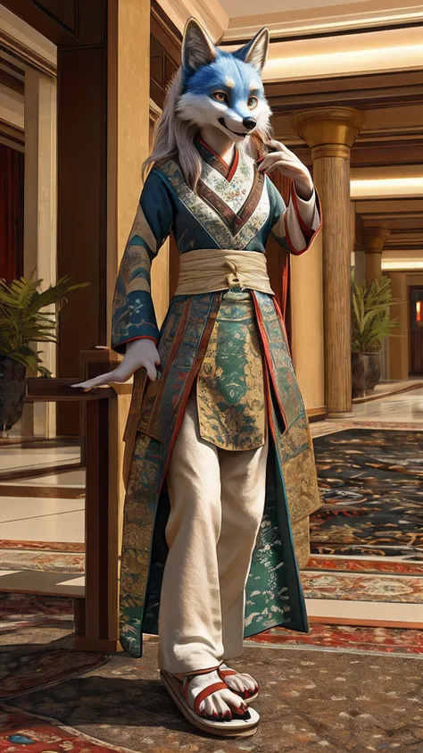 bionic fox，female，white hanfu，sandals，children，standing on the carpet in the hotel，hd graphics，detailed and realistic，high detal...