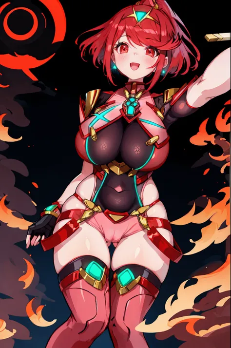 pyra (xenoblade), teen_1girl, loli, armor, bangs, black gloves, breasts, red eyes, light_open_mouth, earrings, eyelashes, fingerless gloves, floating hair, framed breasts, gem, gloves, hair ornament, headpiece, jewelry, big_breasts, leaning back, leotard, ...