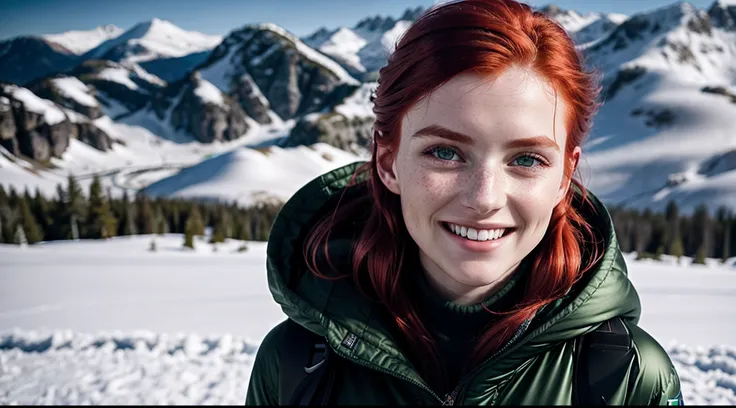 RAW photo, 8k UHD, red hair woman, young, green eyes, masterpiece, photography, Ultra realism, Realistic, enjoying her day on a snowy mountain, smiling, soft lighting, film grain, 8k UHD, DSLR, high quality, HDRI, Fujifilm XT3