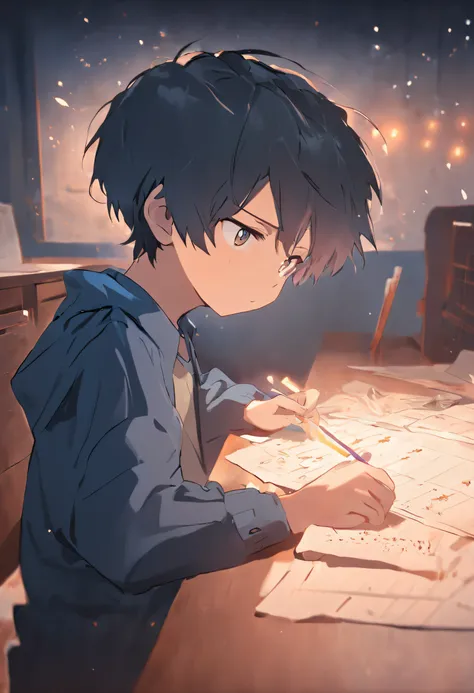 1 cute 10 year old boy,short detailed hair，Sit at your desk，Write your homework carefully，Ray tracing，movie picture quality，Light and shadow tracking，8K，Hyper-detailing