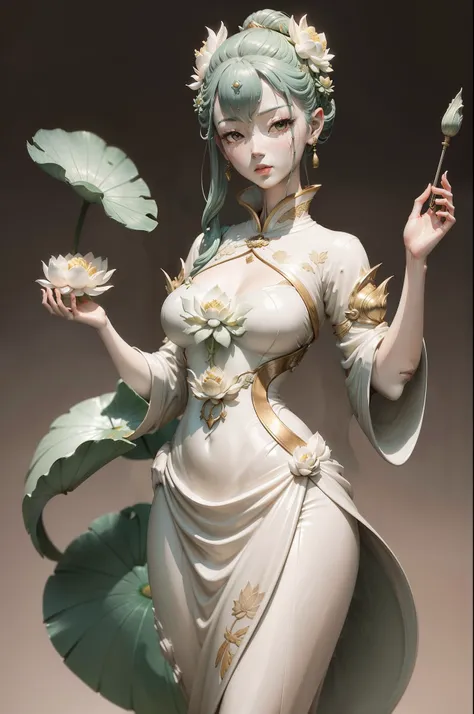 A statue of a woman holding a lotus leaf, by Russell Dongjun Lu, james jean and wlop, porcelain sculpture, pop japonisme 3 d ultra detailed, highly detailed sculpture, inspired by Fei Danxu, jade sculpture,