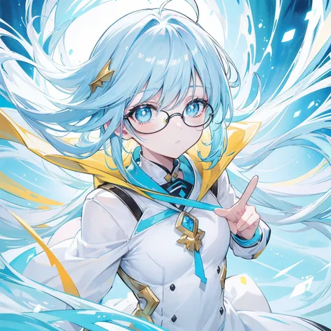 light blues，Yellow hair，Fluorescent milky white，Blue-pink pupils，Black thick-rimmed glasses，Yellow, Blue and white clothes，Super nice looking, Particularly sweet and cute female Aquaman，Light of faith