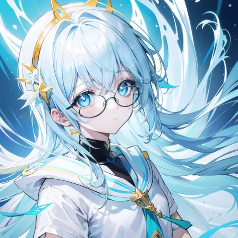 light blues，Yellow hair，Fluorescent milky white，Blue-pink pupils，Black thick-rimmed glasses，Yellow, Blue and white clothes，Super nice looking, Particularly sweet and cute female Aquaman，Light of faith