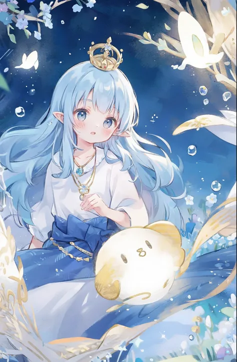 The crown woven with golden silk thread is worn in the ice blue hair, pointy ears, young girl, good face, blue crystal pendant necklace, full white chest, water blue long skirt, exquisite and gorgeous, The skirt has small pendants in the shape of water dro...