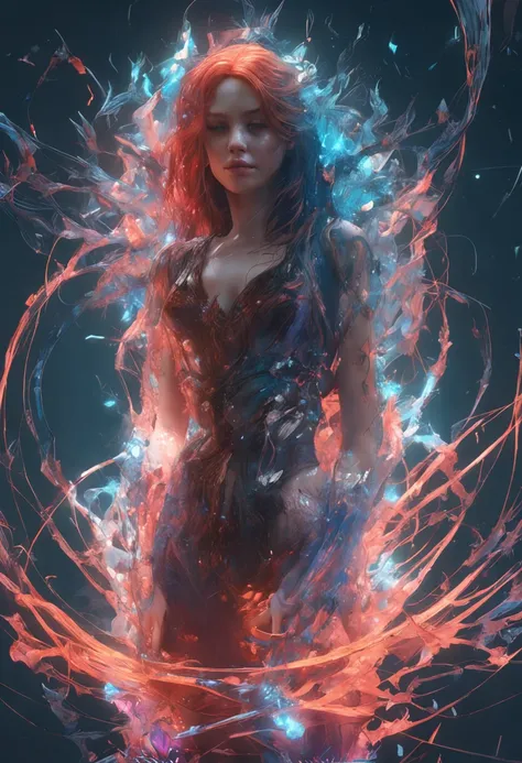 mulher ruiva bonita, shoulder length messy hair, corpo inteiro, Menina bonita do estilo do waifu do anime, pintura hiperdetalhada, Luminismo, arte por Carne Griffiths e Wadim Kashin arte conceitual, 4k resolution, fractal isometrics details bioluminescence...