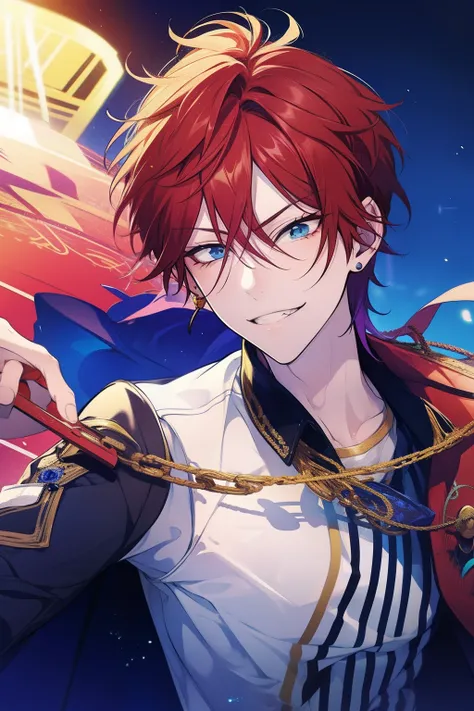 rinne amagi, rinne, ensemble stars, solo male, 1 male, rinne amagi male, short mullet hair, red hair, blue eyes, cute male, simp...