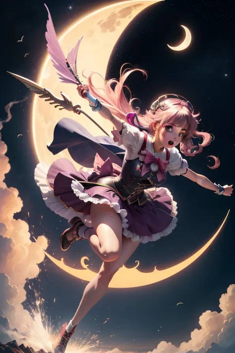 High resolution, illustrated, magical girl, running through the sky on a broomstick, with a crescent moon behind her