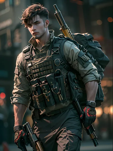 Unreal Engine 5 8K UHD of young man military (Soldier with dark uniform and rifle, ammo belt, military bulletproof vest, cargo pants, glove, radio, grenade:1.2), (glowing eyes:1.1), (supermodel:1.4),(muscular:1.3),  steampunk city background, best quality....