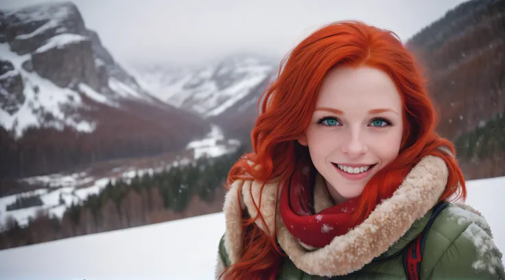 RAW photo, 8k UHD, red hair woman, young, green eyes, masterpiece, photography, Ultra realism, Realistic, enjoying her day on a snowy mountain, smiling, soft lighting, film grain, 8k UHD, DSLR, high quality, HDRI, Fujifilm XT3