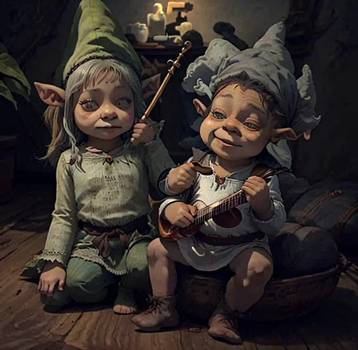 there are two goblins who are playing musical instruments together, goblins, elves sitting on the couch, dmt machine elves, noss...