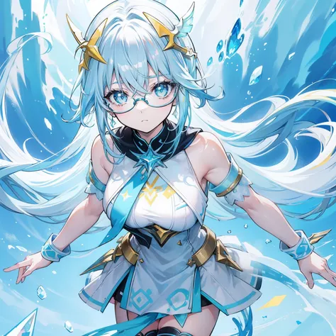 light blues，Yellow hair，Fluorescent milky white，Blue-pink pupils，Black thick-rimmed glasses，Yellow, Blue and white clothes，Super nice looking, Particularly sweet and cute female Aquaman，Light of faith