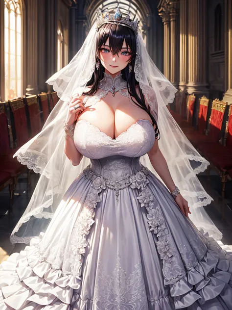 ((anime artstyle)),Masterpiece,Best Quality,Super Detail,Very Delicate and Beautiful,((Solo)),full body,(((1 arrogant queen wearing gorgeous white ballgown wedding dress with voluminous crinoline hoop skirt))),(gorgeous embroidery and beautiful lace),((ver...