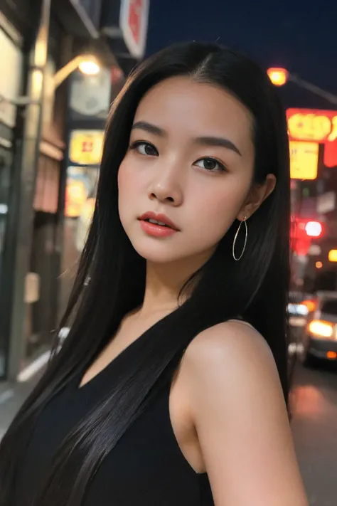 1girl, Tokyo street,night, cityscape,city lights, upper body,close-up, 8k, RAW photo, best quality, masterpiece,realistic, photo-realistic,