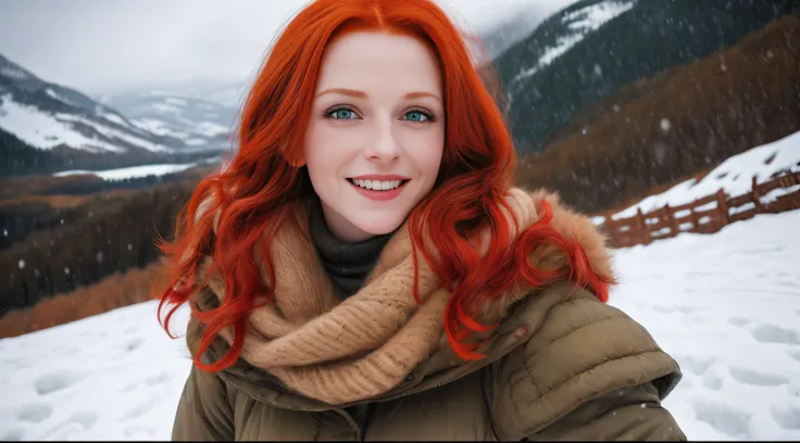 RAW photo, 8k UHD, red hair woman, young, green eyes, masterpiece, photography, Ultra realism, Realistic, enjoying her day on a snowy mountain, smiling, soft lighting, film grain, 8k UHD, DSLR, high quality, HDRI, Fujifilm XT3