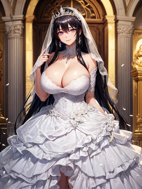 ((anime artstyle)),(Masterpiece,Best Quality,Super Detail,Very Delicate and Beautiful:1.2),digital art,((Solo)),full body,(((1 arrogant queen wearing gorgeous white ballgown wedding dress with voluminous crinoline hoop skirt))),(gorgeous embroidery and bea...