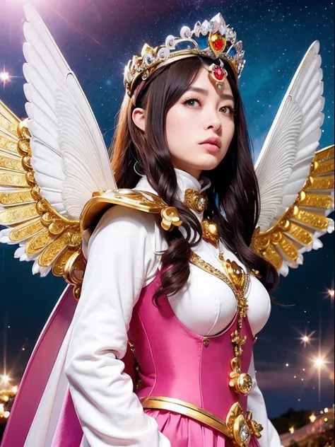 (masutepiece), Professional , ​masterpiece、top-quality、photos realistic , depth of fields （Gemstone Silver Metal Body:1.９),(Matt W White Pink、Jewel Gold Weapon、（Gorgeous castle background）、（ultimate beauty girl）、（Rainbow fairy wings grow）、Particles of ligh...