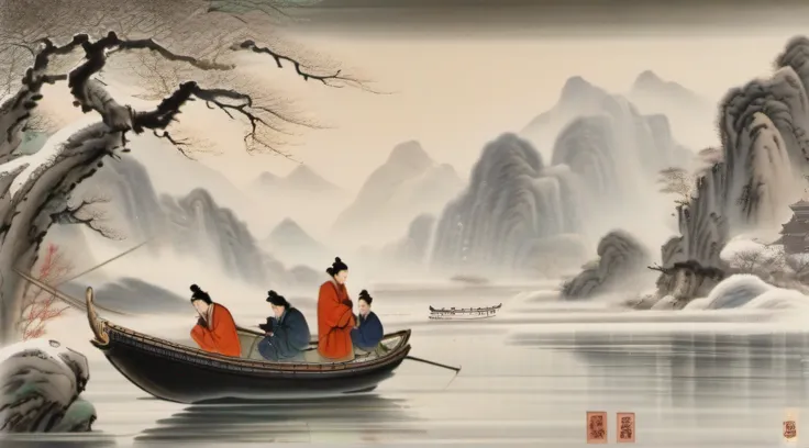 There was a man on the boat fishing on the river，nevando，((White snow))，White，snowfield，((snow landscape))，The background is mountains,（ Chinese painting style）, Traditional Chinese painting, （Chinese style painting），（ink wash style））, author：Chen Daofu, a...