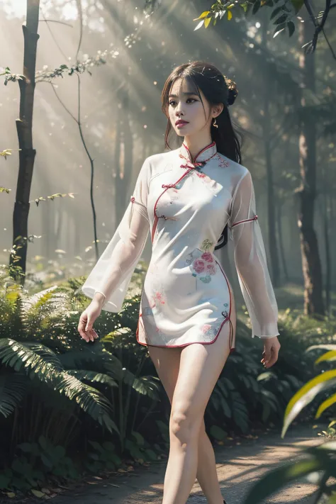 (full bodyesbian:1.1），(1girll:1.3)，(anatomy correct:1.4),(Walk in the forest:1.2),(Wear a cheongsam:1.2),(cabellos largos dorados:1.2),(Accurate and perfect face:1.3),(Long legs:1.5),hyper HD, Ray traching, reflective light， structurally correct, Award-Awa...