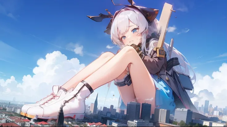 NSFW，Clouds， view over city， Masterpiece, Best quality, Highly detailed,Masterpiece,Best quality,offcial art,Extremely detailed Cg Unity 8K wallpaper，{{{Giantess}}}，Giant，1girll，modern miniature city，A cold expression，Sit on a modern miniature city ，The fe...