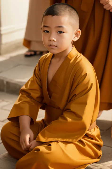 The little monk sits cross-legged，had his hands folded，Wearing a gold cassock，Background bokeh，Realistic characters，and the sun was shining brightly