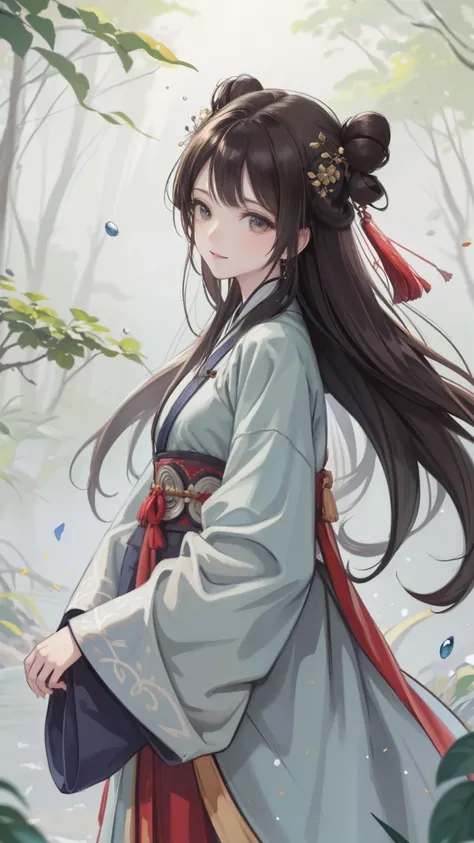 "the Extremely Detailed CG Unity 8K Wallpapers，tmasterpiece，Best picture quality，【😊Colored Forest，depth of fields，A large number of splashed droplets:1.2，petals，Toys surround，ventania，Foliage，grassy fields，volumettic light】brunette color hair，chineseidol，B...