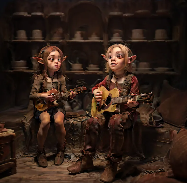 there are two goblins who are playing musical instruments together, goblins, elves sitting on the couch, dmt machine elves, noss...