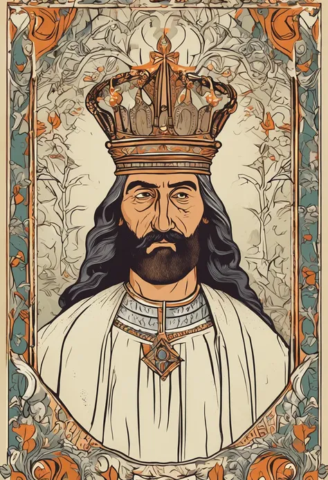 Cartoon close-up of a man with a crown on his head, rasputin as grubhub character, Richard IV of the Romans, Old kings of the Middle Ages, Inspired by Jean Fouquet, Inspired by Pietro Lorenzetti, Portrait of an old king in the Middle Ages, Richard King Lio...