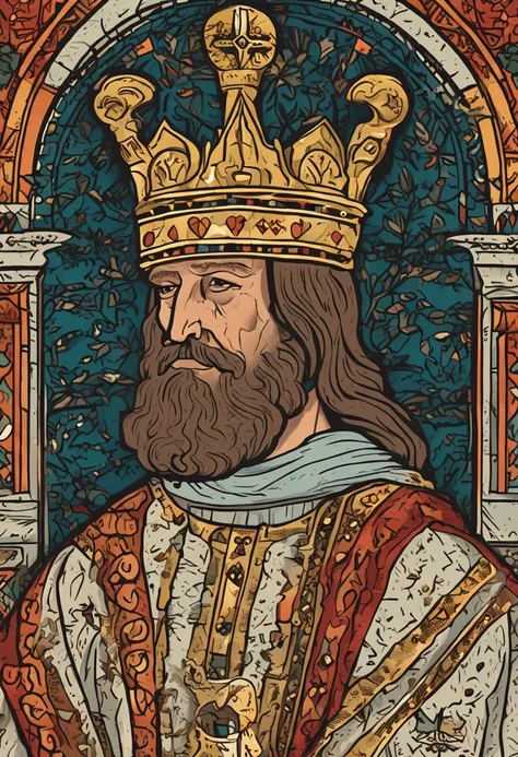 Cartoon close-up of a man with a crown on his head, rasputin as grubhub character, Richard IV of the Romans, Old kings of the Middle Ages, Inspired by Jean Fouquet, Inspired by Pietro Lorenzetti, Portrait of an old king in the Middle Ages, Richard King Lio...