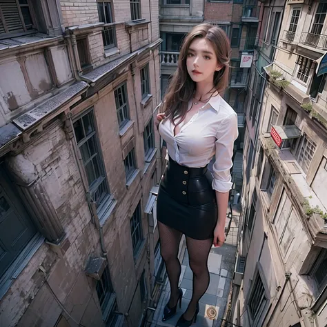 1 tall girl，Full body photo，Stand in a small alley，White tight shirt，Big breasts，pencil skirts，black lence stockings，stiletto，(Long legs:1.7),Extremely tall girl，Above the house，Beautiful looks，Delicatemakeup，Perfect lighting，Cinematic quality，8K,High qual...