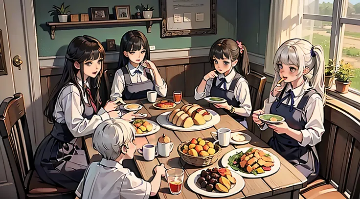 A rural family，The table is filled with a variety of delicacies，The girls were eating happily，Looks white and fat。The boys stood aside，Watching the well-fed girls drool。There is a sign in the corner，It reads"Female dolls are preferred"。full body realistic,...