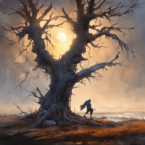 Two crows on a dead tree, A shadow shaped like a walker, Starry night, Thick fog on the ground, Blue light on the horizon, Unreal Engine 5, Cinematic, low angle photography, Motion blur, Depth of field, Dust, Cobblestones and dirt. Splash Art, dripping pai...