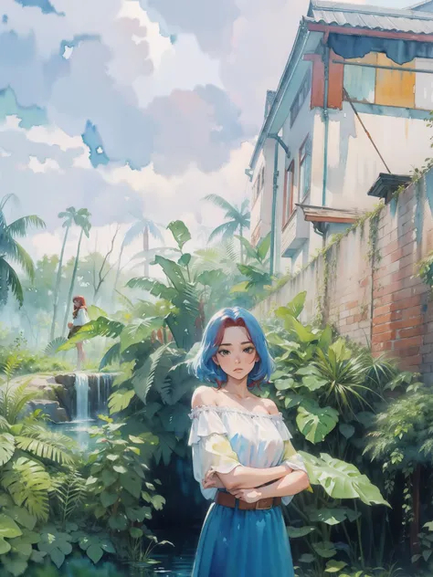 1girl, wearing a (off shoulder gown:1.1), belt, long red hair BREAK
sitting, pond, jungle,  
(masterpiece, best quality:1.1), 8k, highly detailed, (watercolor:1.2)