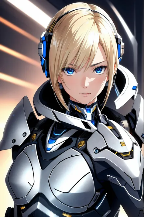 8k portrait of beautiful cyborg girl with platina blond hair, girl like Haruka Ayase, shining metal body, elegant half helmet, intricate, elegant, fighting pose, highly detailed, majestic, digital photography, unfocused background, colorful light, (masterp...