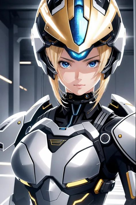 8k portrait of beautiful cyborg girl with platina blond hair, girl like Haruka Ayase, shining metal body, elegant half helmet, intricate, elegant, fighting pose, highly detailed, majestic, digital photography, unfocused background, colorful light, (masterp...