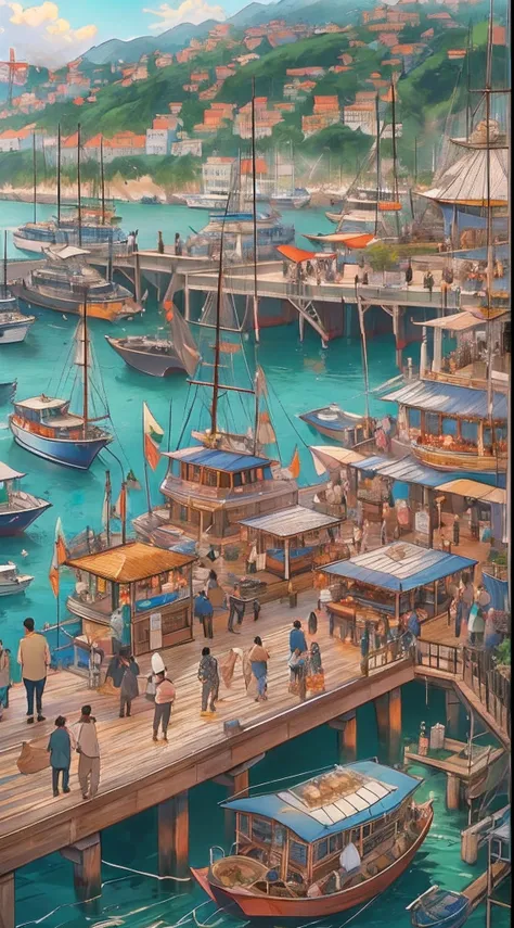 A bustling harbor with a variety of boats docked at the pier, people in fashionable clothes walking energetically on the pier, a magnificent restaurant by the sea filled with fresh seafood, ,in the style of the stars art group xing xing, 32k, best quality,...