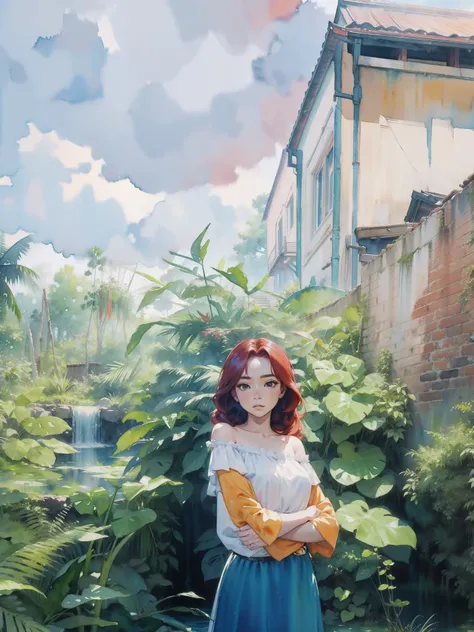 1girl, wearing a (off shoulder gown:1.1), belt, long red hair BREAK
sitting, pond, jungle,  
(masterpiece, best quality:1.1), 8k, highly detailed, (watercolor:1.2)